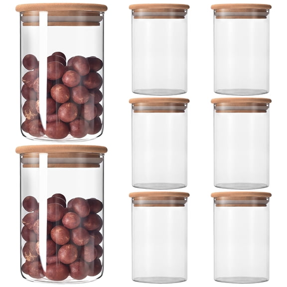 8Pcs Glass Storage Jars with wood Lids, Spice Jars with Silicone Seals, Stackable Containers for Tea, Spices, Coffee, Nuts, 18.6 fl oz / 550ml, Transparent