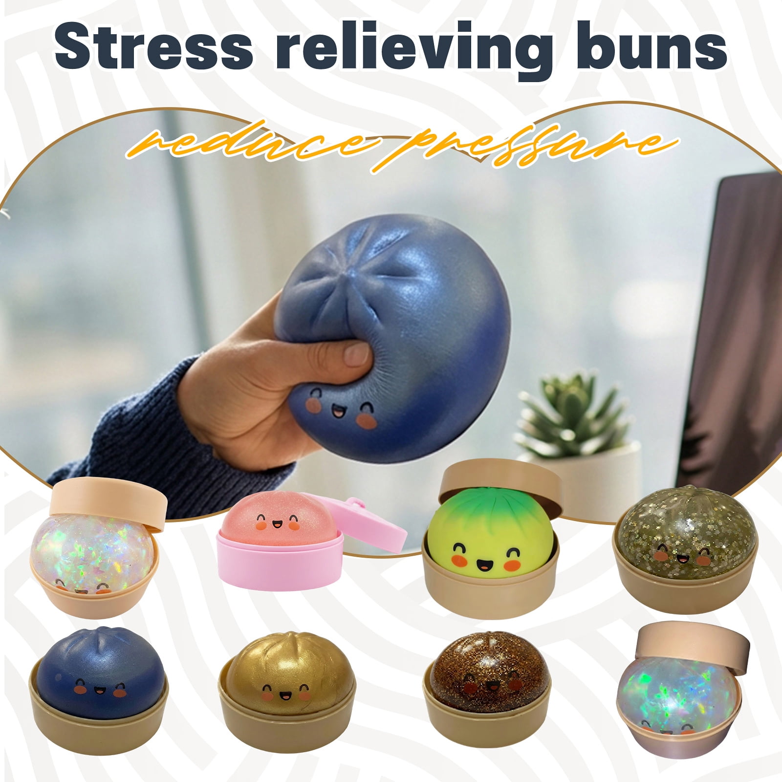 Glitter Colorful Dumpling Squishy, Large Squishy Dumpling with Steamer, Squishy Dumpling Doll with Cute Expressions, Silicone Bun Sensory Fidget Dolls, Hand Pinching Decompression Dolls