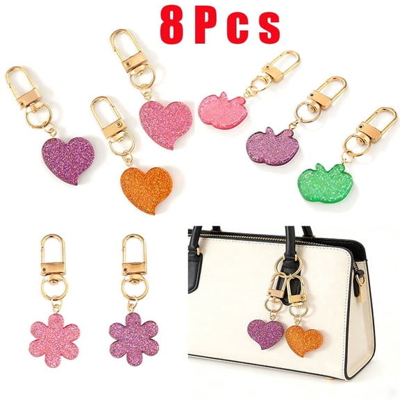 8Pcs Glitter Purse Bag Charms Keychain Keyring, Cute Heart Flower Shape Keychain Charms with Gold Clasp, Aesthetic Handbag Backpack Decor Accessories for Women Girls