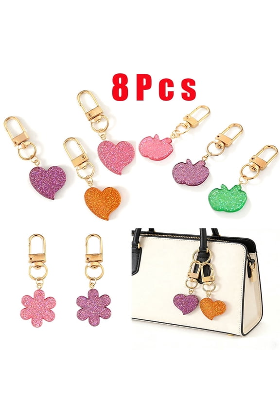 8Pcs Glitter Purse Bag Charms Keychain Keyring, Cute Heart Flower Shape Keychain Charms with Gold Clasp, Aesthetic Handbag Backpack Decor Accessories for Women Girls