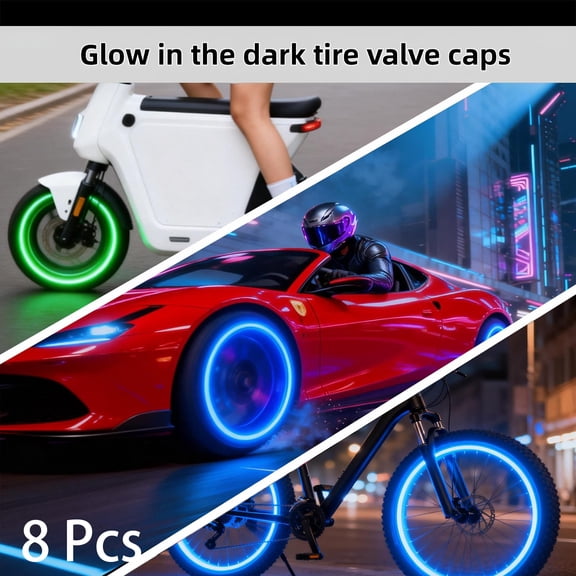 8Pcs Glow in The Dark Tire Valve Caps, Universal Fluorescent Luminous Tire Stem Caps for Cars Motorcycles Bicycles, Night Riding Safety Wheel Lights (Yellow)