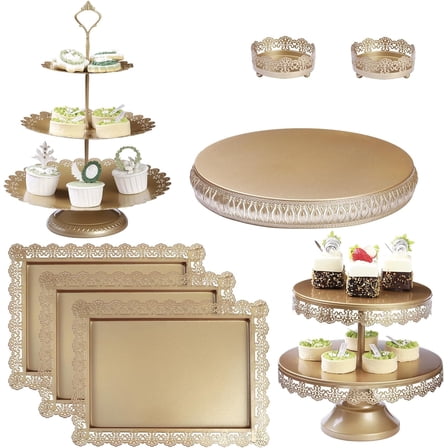 8Pcs Gold Cake Stand Set, 14 Inch Round Cake Stand, Displays for Dessert Cupcake Serving Tower for Birthday Baby Shower Wedding Decor (Champagne Gold)