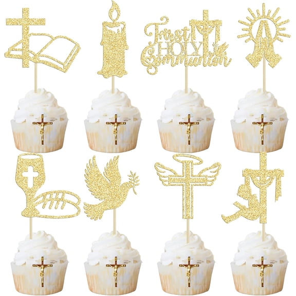 8Pcs Gold Glitter First Holy Communion Cupcake Toppers, Religious Symbols Picks for Baptism Party Cake Decorations