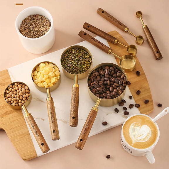 8Pcs Gold Plated Stainless Steel Measuring Cups with Wooden Handles, Dry & Liquid Measure Tools for Baking Kitchen Use