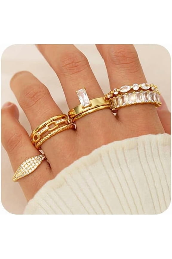 8Pcs Gold Rings for Women Non Tarnish 14K Gold Plated Trendy Stackable Rings Dainty Cubic Zirconia Thumb Ring Set Pack Stack Band Baguette Diamond Ring Jewelry Size 5 6 7 8 9 10 11 12
