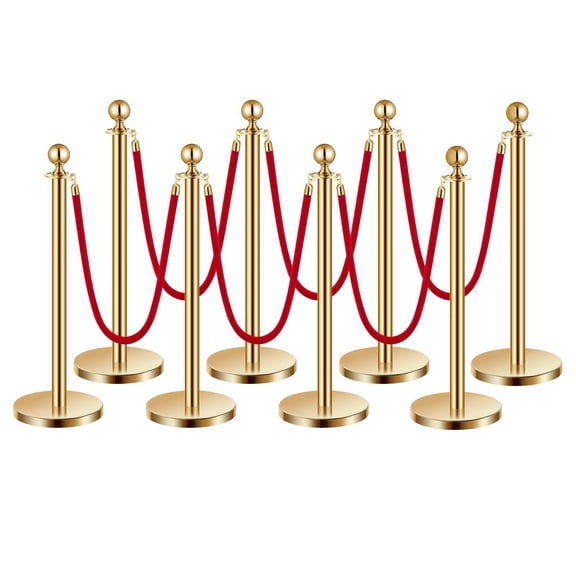 8Pcs Gold Stanchions with 6 Red Velvet Ropes, Stainless Steel Posts with Hollow Base, Crowd Control Barriers for Weddings, Parties, Hotels, Museums, Red Carpet Runner Queue Line Dividers