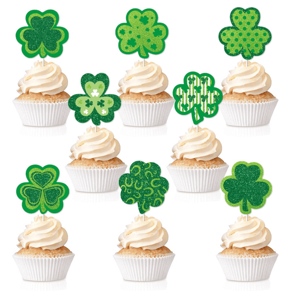 8Pcs Green Glitter Shamrock Clover Cupcake Toppers St. Patricks Day Lucky Four Leaf Clover Cake Picks Irish Saint Patrick Holiday Party Cupcake Decorations