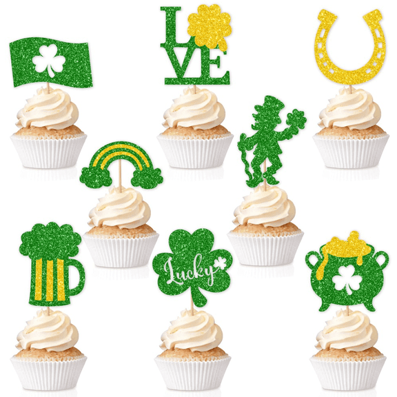 8Pcs Green Gold Glitter St. Patricks Day Cupcake Toppers Shamrock Clover Leprechaun Rainbow Horseshoe Beer Pot of Gold Flag Cake Picks Irish Lucky Holiday Cupcake Decorations