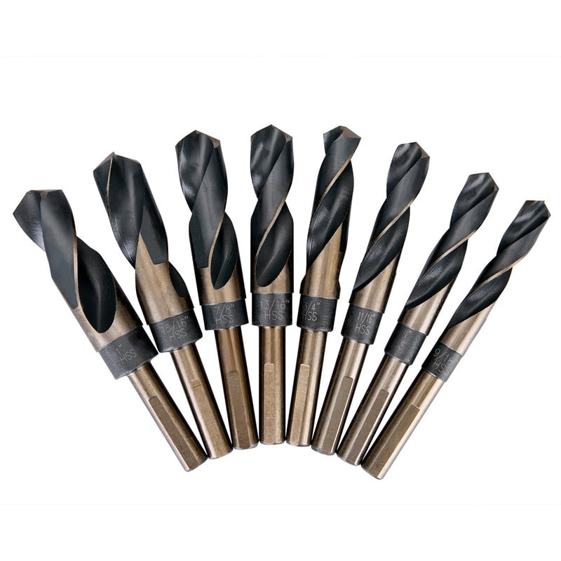 8Pcs HSS Silver and Deming Drill Bit 1/2" Reduced 3-Flat Shank Golden/Black Oxided 135 Deg.Split Point