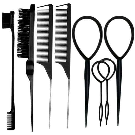 8Pcs Hair Brushes Set with 4Pcs Hair Tail Tools 1Pcs Bristle Teasing Hair Brush 1Pcs Edge Control Brush 2Pcs Metal Pin Rat Tail Combs for Woman Girl Styling