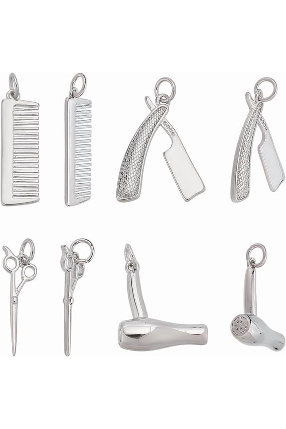8Pcs Hairdresser Charms 4 Style Platinum Brass Hair Stylist Charms Scissor Comb Hairdryer with Jump Ring Barber Hairdressing Tools Pendants for Haircut Theme Jewelry Making