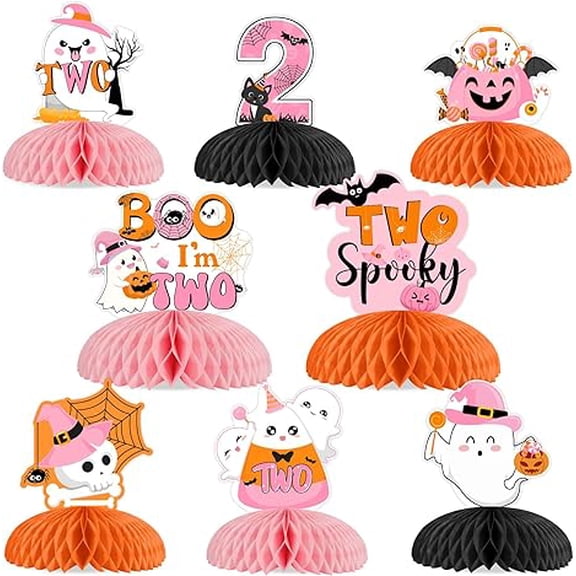 8Pcs Halloween 2nd Birthday Honeycomb Centerpieces for Girls, Two Spooky Boo I'm Two Table Decorations Pink and Orange, Ghost Bat Theme Halloween Birthday Baby Shower Party Supplies
