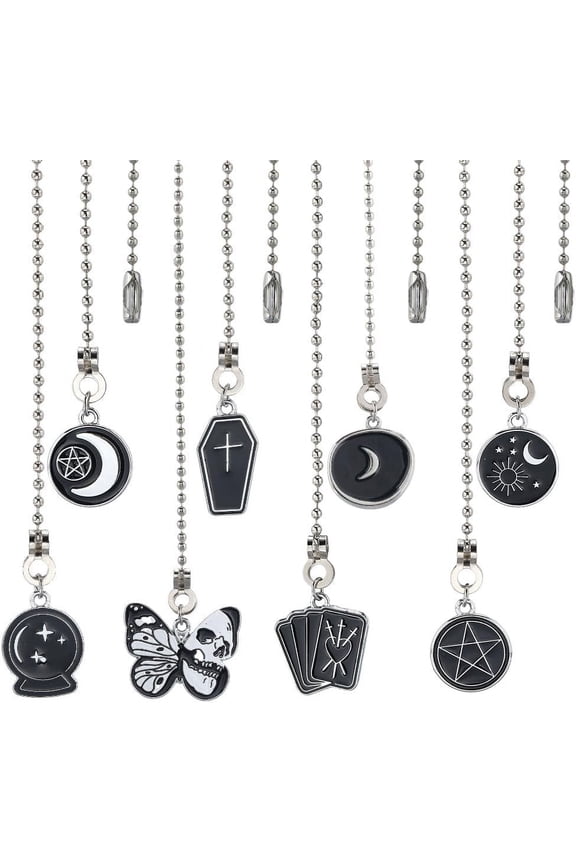 8Pcs Halloween Fan Pull Chain Alloy Enamel Vintage Goth Butterfly Star Moon Sun Hanging Charm Pendant Ball Bead Ceiling Fan Chain Extender Danglers Ornament for Ceiling Fan Light Lamp Decor