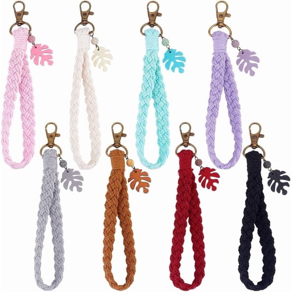 8Pcs Handmade Macrame Cotton Threads Wrist Strap Pendant Decoration with Natural Lava Rock Bead and Wood Pendant 190mm 8pcs/set
