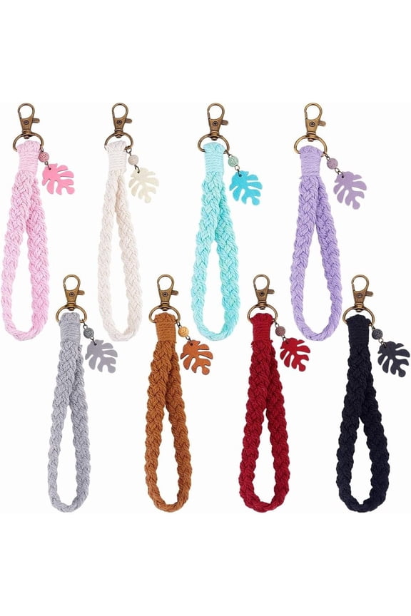 8Pcs Handmade Macrame Cotton Threads Wrist Strap Pendant Decoration with Natural Lava Rock Bead and Wood Pendant Handmade