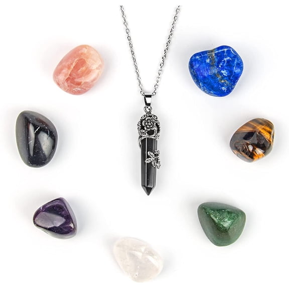 8Pcs Healing Stones Set,Black Crystal Pillar Necklace,Healing Crystals Natural Gemstones Set Reiki Chakra Collection Stone Kit,Witch Starter Set.