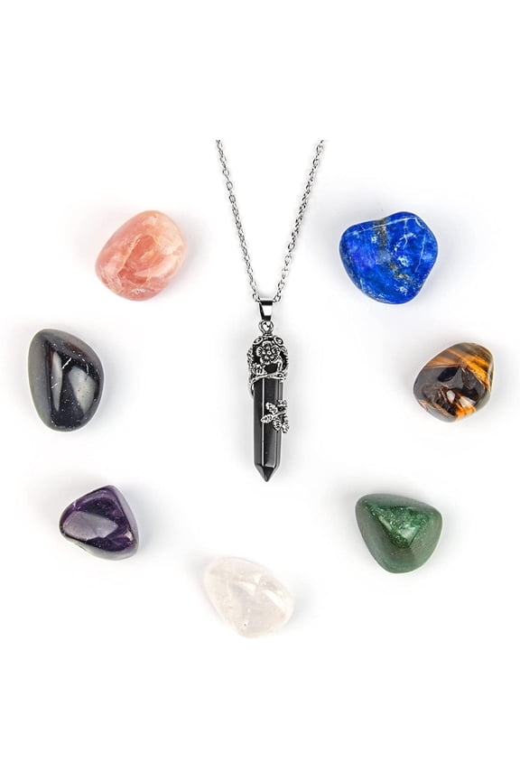 8Pcs Healing Stones Set,Black Crystal Pillar Necklace,Healing Crystals Natural Gemstones Set Reiki Chakra Collection Stone Kit,Witch Starter Set.