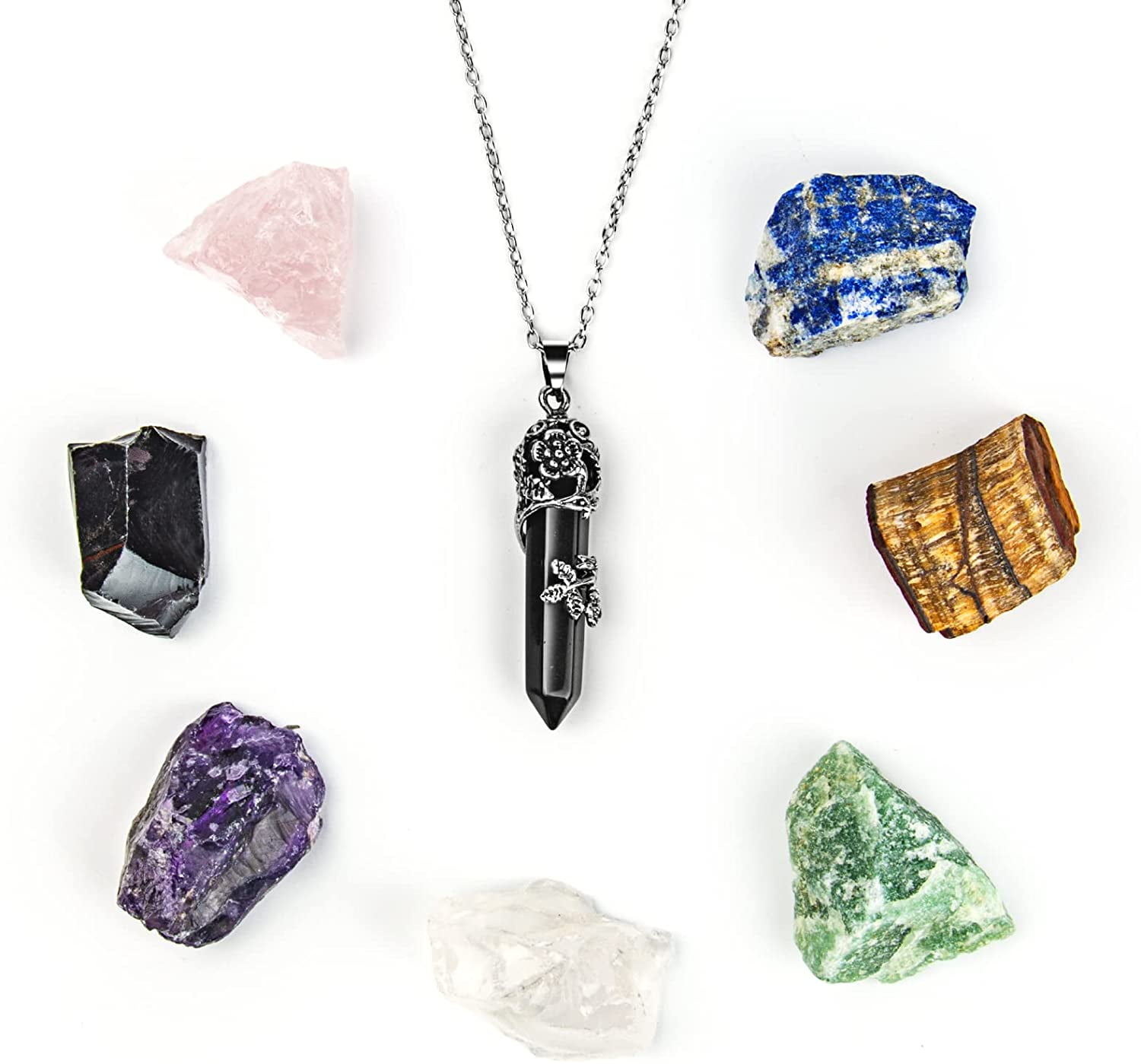 8Pcs Healing Stones Set,Black Crystal Pillar Necklace,Healing Crystals ...