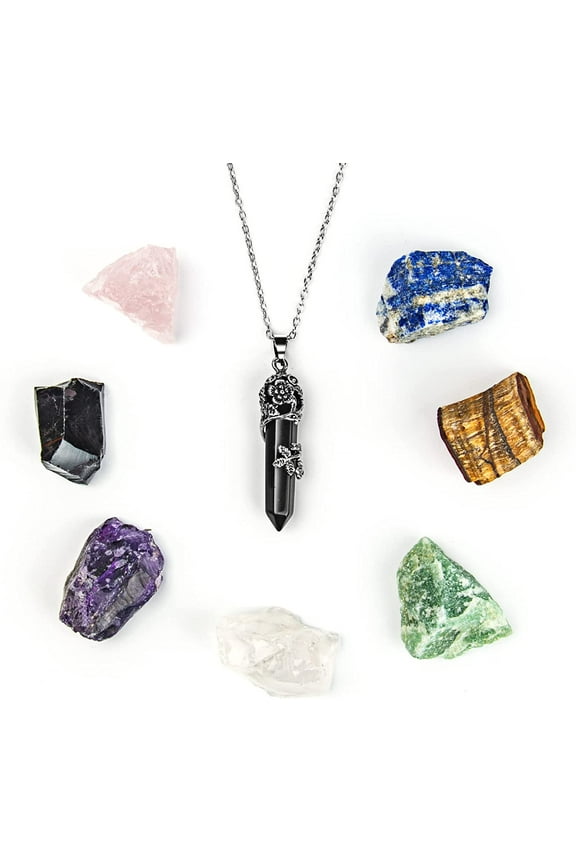 8Pcs Healing Stones Set,Black Crystal Pillar Necklace,Healing Crystals Natural Gemstones Set Reiki Chakra Collection Stone Kit,Witch Starter Set.