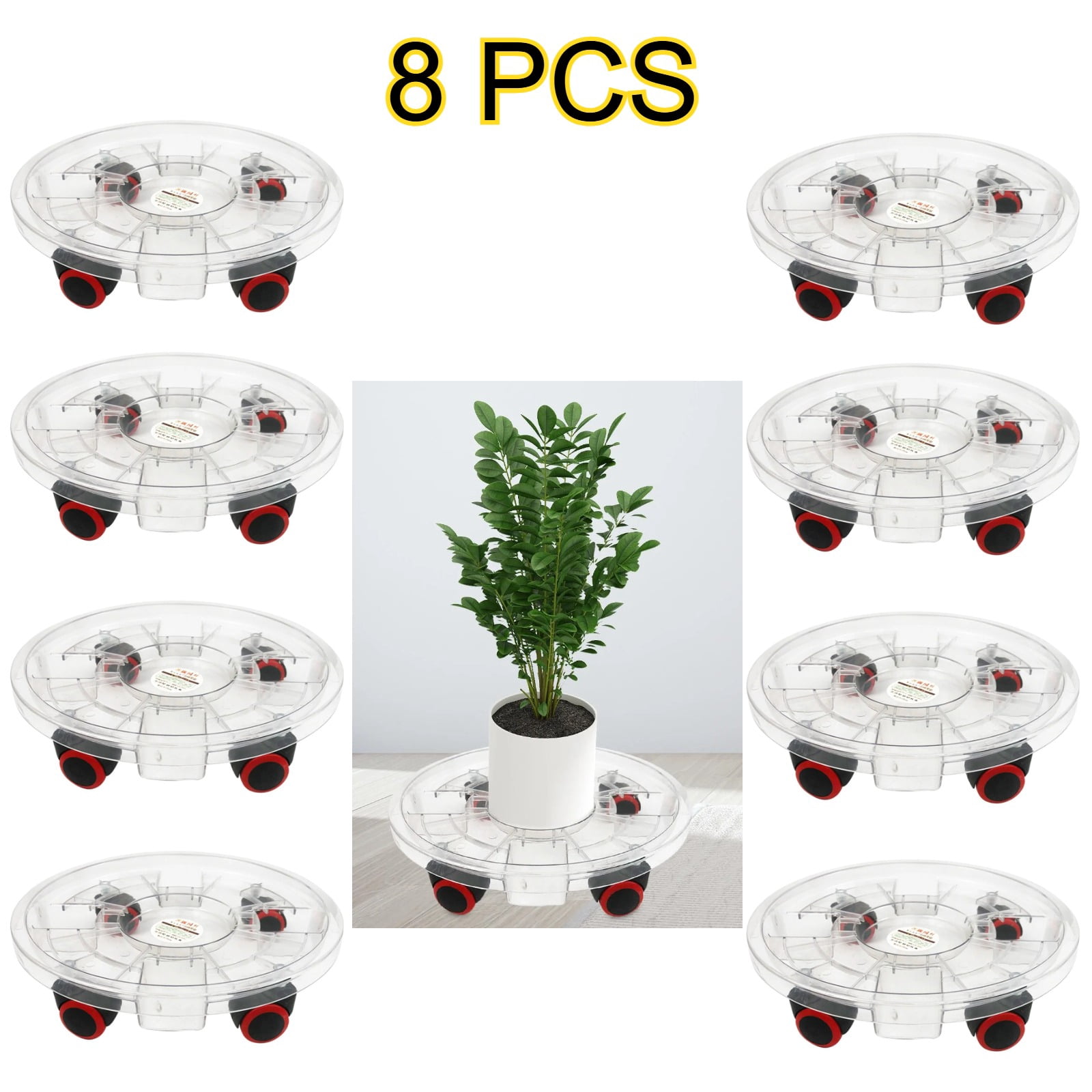 8Pcs Heavy-Duty Clear Plant Caddy with Wheels, Rolling Flower Pot Stand 11.8" Inner 13" Outer Diameter, Water Collection Plant Dolly for Large Indoor Outdoor Potted Plants