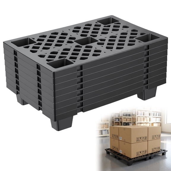 8Pcs Heavy-Duty Plastic Pallet with Ventilated Grid, Stackable & Interlocking HDPE Storage Platform, 23.6x15.8x3.9 Inches, Waterproof Anti-Slip Floor Board for Basement Warehouse Outdoor Use, Black