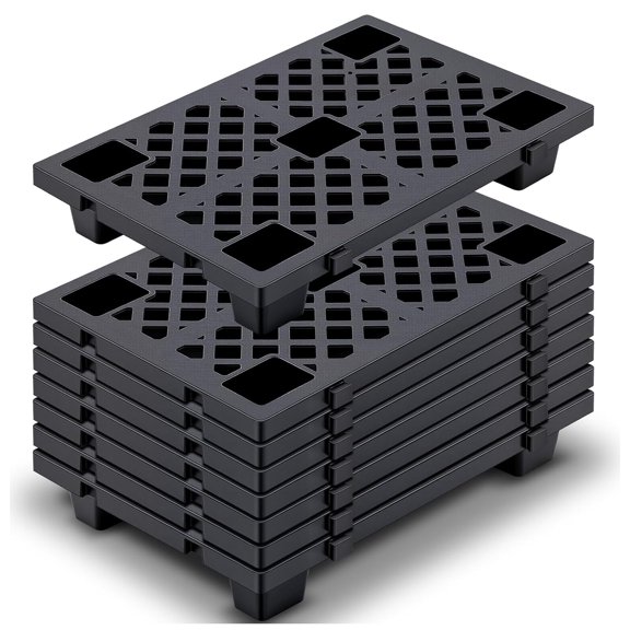 8Pcs Heavy-Duty Plastic Pallet with Ventilated Grid, Stackable & Interlocking HDPE Storage Platform, 23.6x15.8x3.9 Inches, Waterproof Anti-Slip Floor Board for Basement Warehouse Outdoor Use, Black