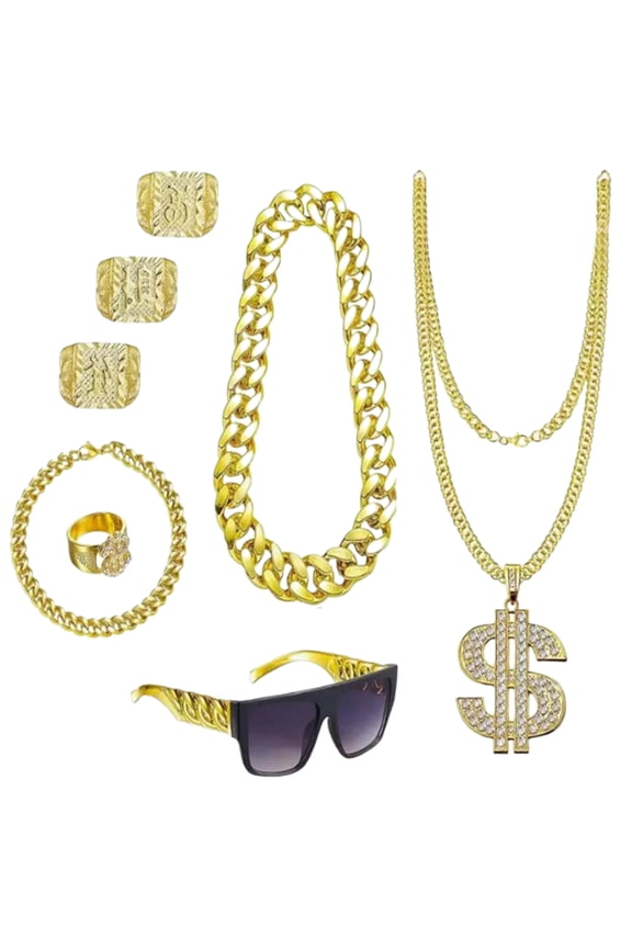 8Pcs Hip Hop Costume 80s/90s Outfits Cool Rapper Accessories Sunglass Gold Plated Dollar Sign Chain Rings Necklace