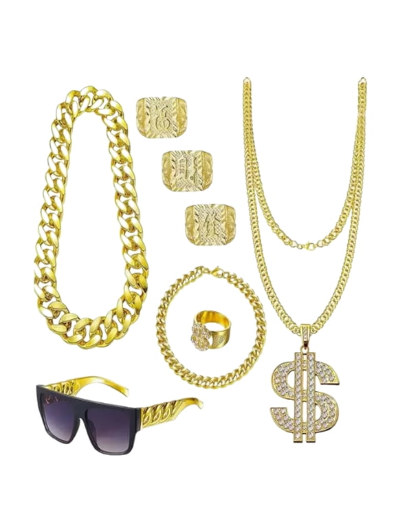 8Pcs Hip Hop Costume Kits Dollar Sign Pendant Necklace Hip Hop Dollar Rings Sunglass Bracelets Set Rapper Accessories