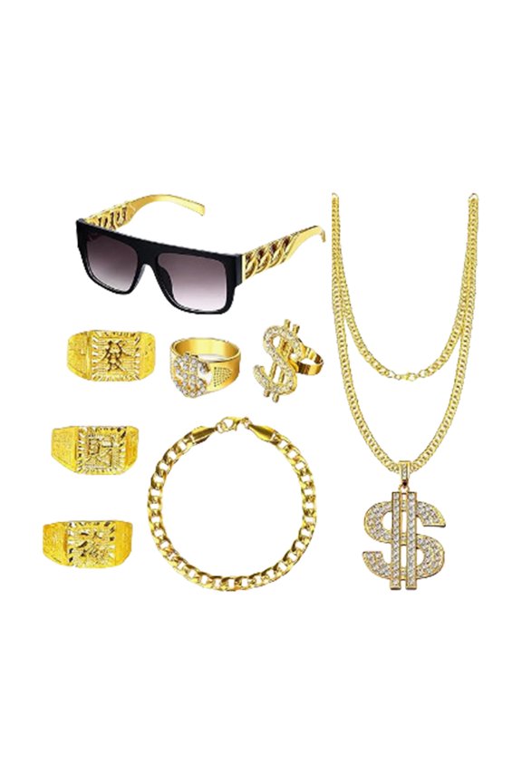 8Pcs Hip Hop Costume Kits Dollar Sign Pendant Necklace Hip Hop Dollar Rings Sunglass Bracelets Set Rapper Accessories