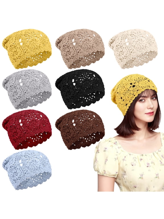 8 Pcs Crochet Slouchy Beanie Hats, Women's Knit Floral Hollow Skull Caps, Lightweight Breathable Cutout Hats