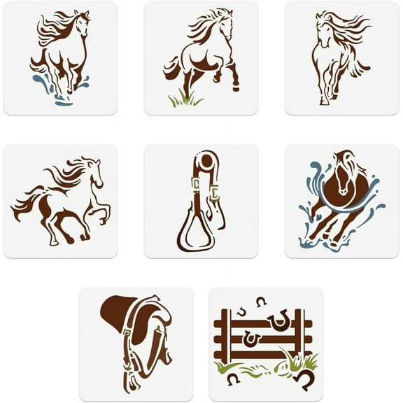 8Pcs Horse Elements Painting Stencil 6x6 Inch Reusable DIY Art and Craft Stencils Hollow Out Drawing Painting Template for Painting on Wood Fabric Paper Walls Canvas Furniture DIY