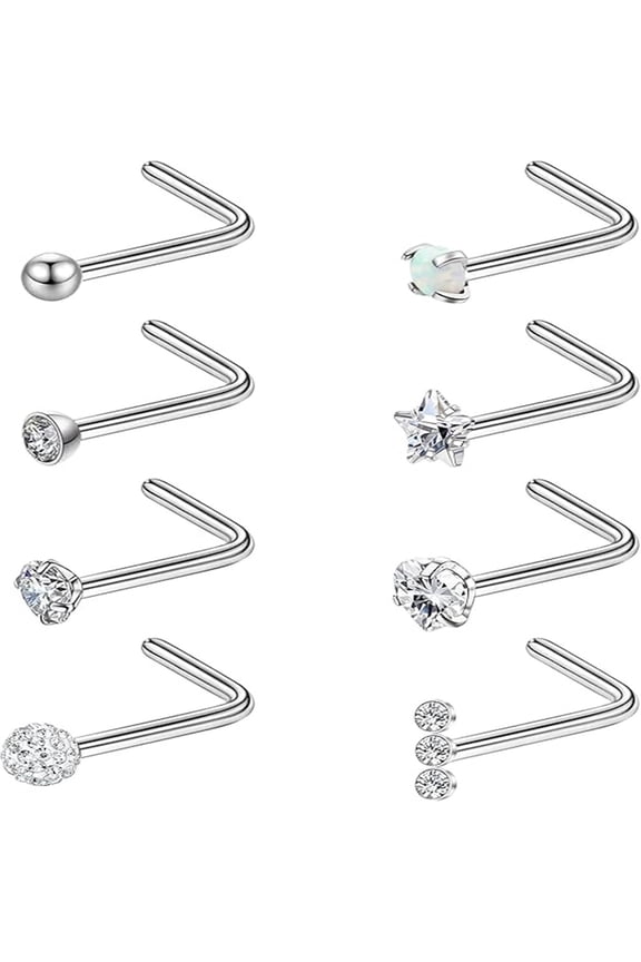 8Pcs Hypoallergenic Titanium Nose Studs for Women & Men – 8pcs L-Shaped G23 Studs for Sensitive Skin
