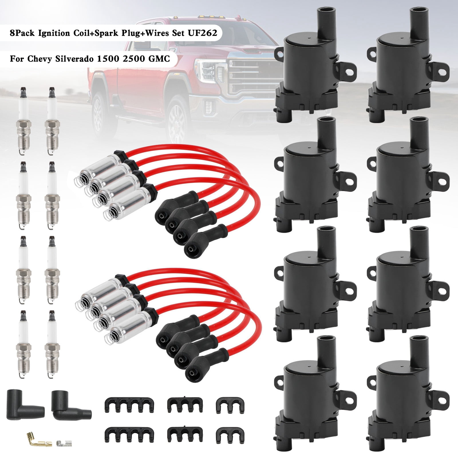 8Pcs Ignition Coil+Spark Plug+Wires Set UF262 For Chevy Silverado 1500 2500 GMC