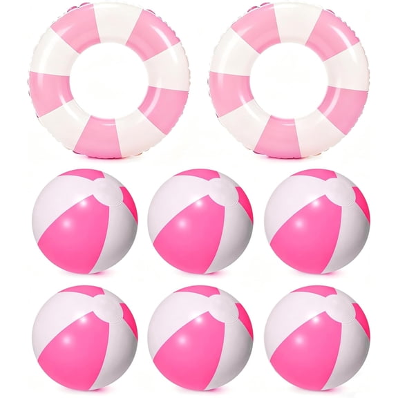 8Pcs Inflatable Pool Float Set Includes 2Pcs 22.8" Swim Ring & 6Pcs 16" Beach Ball Bulk PVC Summer Water Toys for Swimming Pool Beach Hawaiian Tropical Party Favors Decorations Supplies Pink