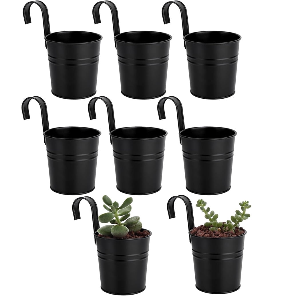 8Pcs Iron Fence Hanging Flower Pots,Metal Railing Planters,Garden Plants Planter Box,Tin Bucket Flower Holder,for Indoor Outdoor Home Office Decoration 4Inch-Black