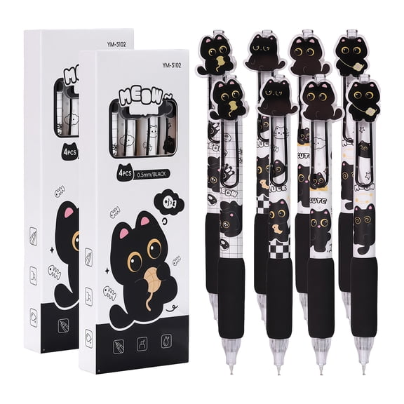 8Pcs Kitty Theme Gel Inks Pen 0.5MM Tip Retractable Gel Pen with Metal Clip Ergonomic Foam Grip for Students And Workers