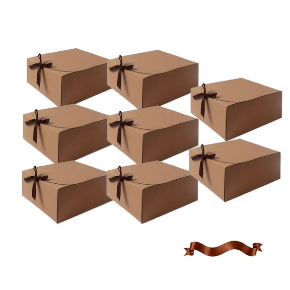 8Pcs Kraft Brown Gift Boxes with Lids Ribbons 8 x 8 x 4 Inch Bridesmaid Proposal Box with 100pcs Glue Points for Wedding Packaging Present Birthday Craft Snack Holiday Party Favors