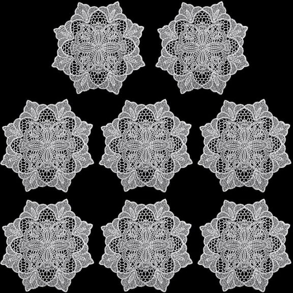 8Pcs Lace Doilies Crochet Handmade Lace Coasters Round Lace Placemats White Flower Embroidery Cup Mats Polyester Dining Table Doily Decoration for Kitchen Dressers Party Weddings 6x6Inch White