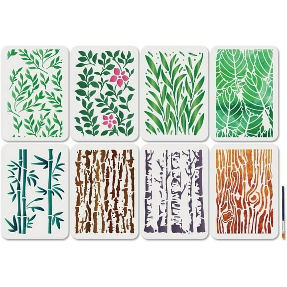 8Pcs Leaves Painting Stencils Bamboo Template 11.7x8.3inch Bark Texture Plastic Stencil with Paint Brush Tropical Leaf Reusable Template