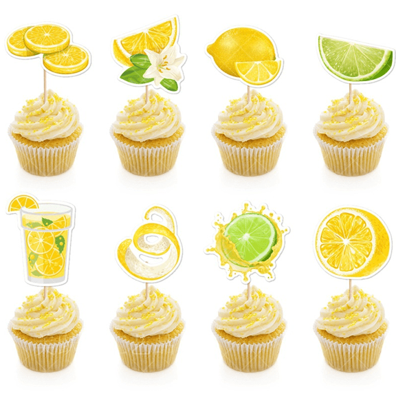 8Pcs Lemon Lime Cupcake Toppers Summer Citrus Fruit Slice Lemonade Cupcake Picks Tropical Fruit Themed Birthday Baby Shower Party Dessert Decorations