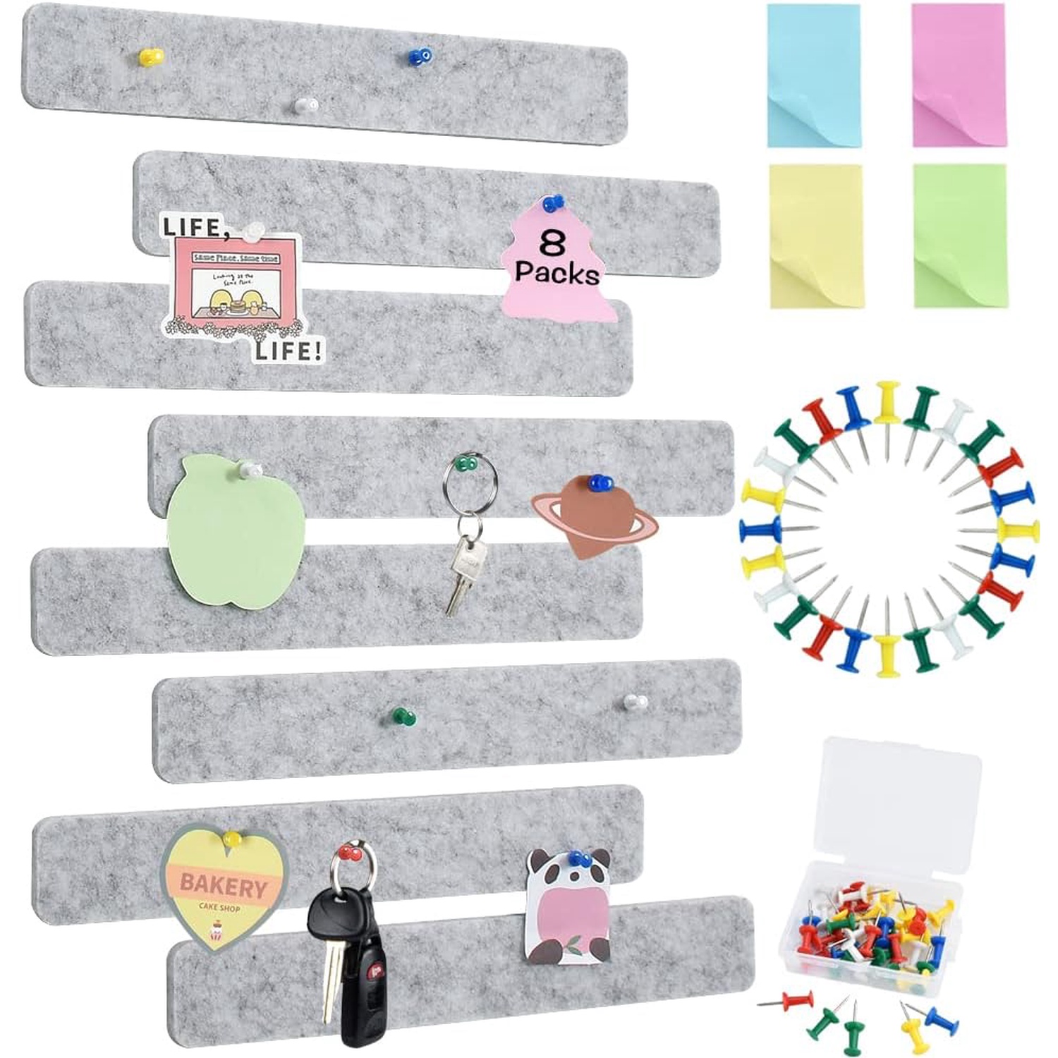 8Pcs Light Grey Cork Board Bar Strips with 50 Pushpins & Sticky Notes, Self-Adhesive Bulletin Board Strips No Damage for Wall, Felt Pin Board for Paste Notes, Photos, Schedules Office Decor