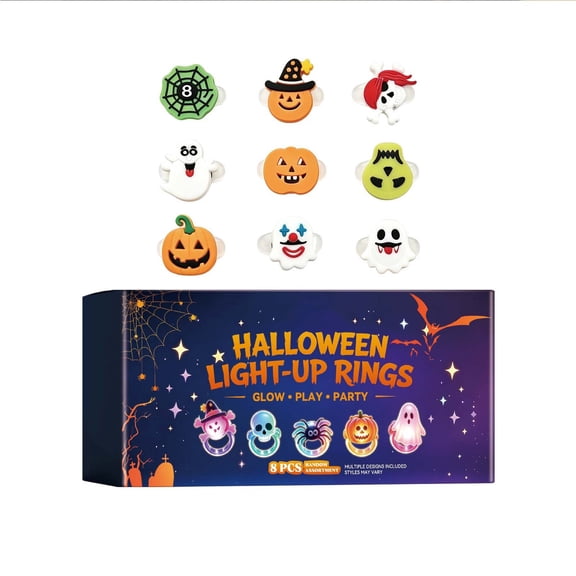 8Pcs Light Up Rings, 3D Halloween Character Rings with Spooky Designs for Costume Accessories and Halloween Party Favors