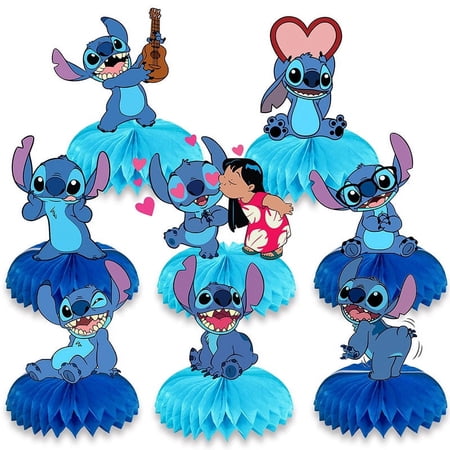 8Pcs Stitch Theme 3D Double Side Honeycomb Centerpieces Table Toppers,Cartoon Birthday Party Decorations Supplies for kids.