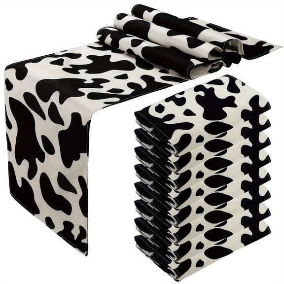 8Pcs Linen Cow Print Table Runner Black and White Farm Cow Print Tablecloth Western Barnyard Cowboy Themed Table Cloths for Birthday Party Decorations Home Kitchen Supplies
