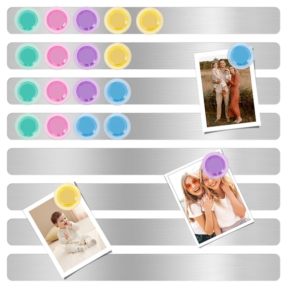 8Pcs Magnetic Strip, Metal Magnet Board with 20 pcs Colorful Magnet, Frameless Magnetic Strips with Adhesive Backing for DIY, Art Projects, whiteboards & Fridge