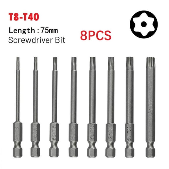 8Pcs Magnetic Torx Screwdriver Bits Alloy Steel 75Mm Security Tamper Proof Screwdriver Bit Set T8 T10 T15 T20 T25 T27 T30 T40