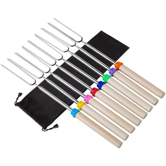 8Pcs Marshmallow Roasting Sticks, Extendable 32 inch Metal Skewers , BBQ Fork for Grill and Campfire