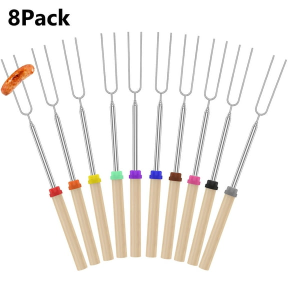 8Pcs Marshmallow Roasting Sticks, Hot Dog wiener Roasting Sticks 11.8''-32" Stainless Steel Telescoping Barbecue Forks with Hop-pocket for Safe Campfire Bonfire Kids Camping, Skewers(8 Colors)