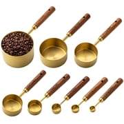 8 Pcs Measuring Spoons Set, Golden Stainless Steel Measuring Cups with Wooden Handle, Nesting Kitchen Measuring Set for Dry and Liquid Ingredients, Cooking, Baking, Food Preparation