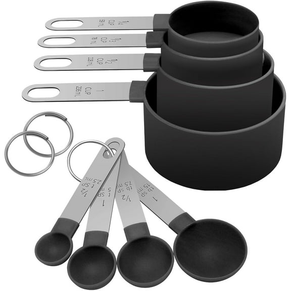 8Pcs Measuring Cups Set Measuring Spoons Set, Nesting Measure Cups with Stainless Steel Handle, For Measuring Dry and Liquid Ingredients Small Teaspoon with Plastic Head (Black)